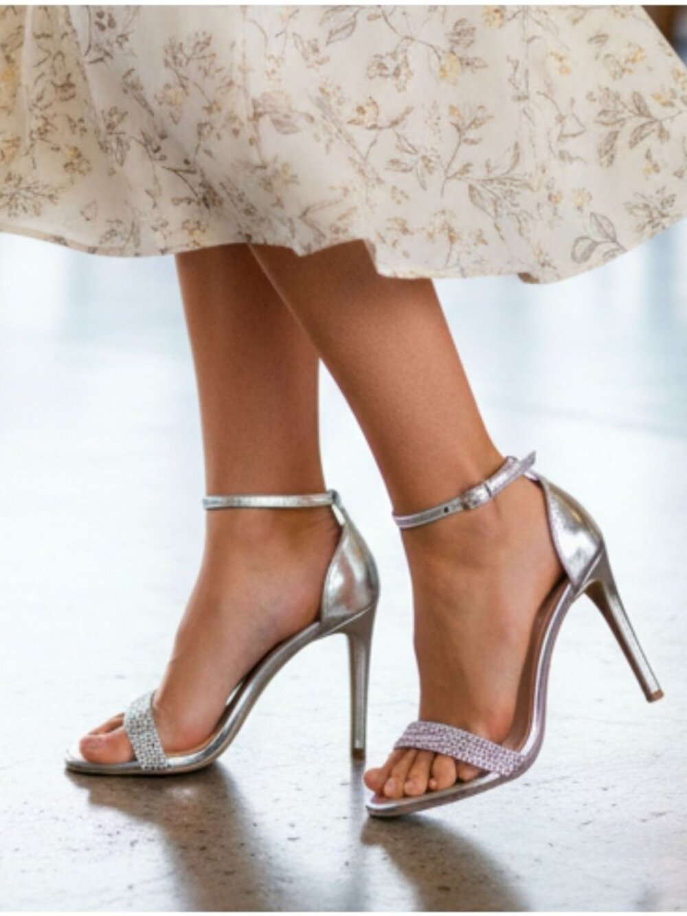 Womens Rhinestone Ankle Strap High Heel Sandals Silver Elegant Formal Party Shoe